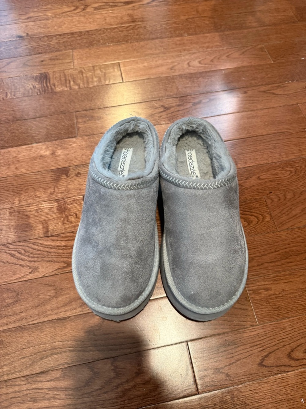 Shoe Dazzle Gray Suede Fur-Lined Moccasin Clogs